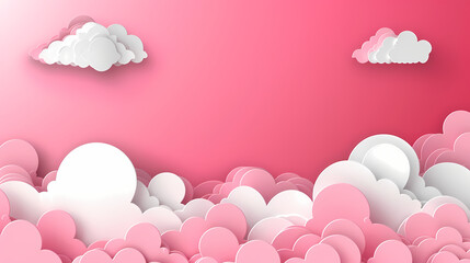 Obraz premium Horizontal banner with pink sky and paper cut clouds