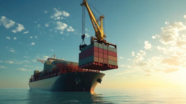 A cargo ship with a crane lifting a container off its deck, showcasing the logistics of loading and unloading.