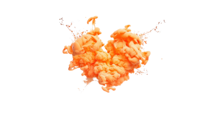 A vibrant orange heart-shaped explosion of ink against a black background.