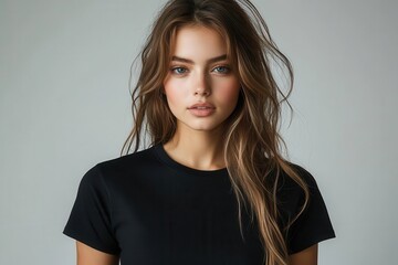 Fototapeta premium young woman modeling black casual tshirt shown from multiple angles side back and front views on neutral background showcasing versatile fashion piece for mockup purposes