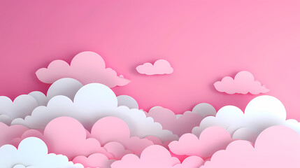 Fototapeta premium Horizontal banner with pink sky and paper cut clouds