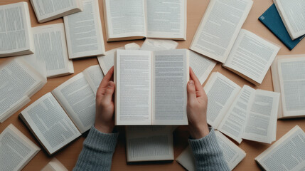 Author holding a published book, surrounded by drafts, representing victory through writing struggle 