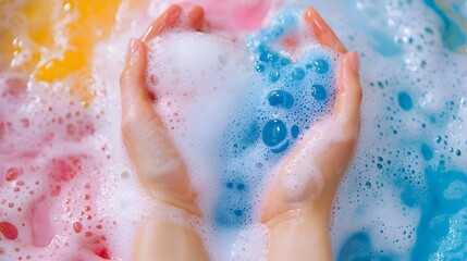 Fototapeta premium Lathered Hands Immersed in Vibrant Foamy Shampoo for a Relaxing Beauty Routine