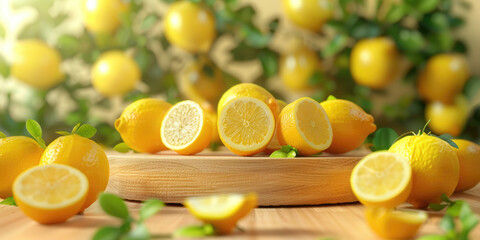Fresh whole and sliced lemons with green leaves on wooden surface, surrounded by blurred lemon trees in background. Bright and juicy citrus fruits in sunlit outdoor garden. Ai generation