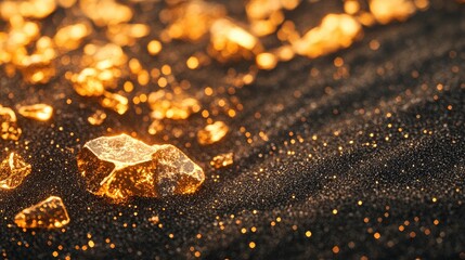 A close-up of pure gold nuggets resting on a bed of shimmering black sand, highlighting their natural luster and beauty. Perfect for showcasing raw, natural wealth.