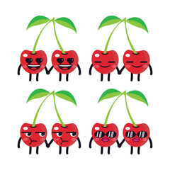 Vector set of cute Cherry fruit emojis. Isolated on white background. Kawaii cartoon smiling Cherries.