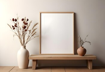 A wooden frame on a wooden shelf with a vase of dried flowers and a small ceramic vase