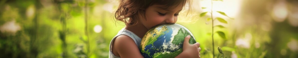 Tender Embrace of the Globe: A Child's Innocent Cradle of Earth in a Serene Natural Setting, Symbolizing Love for the Planet and Environmental Awareness