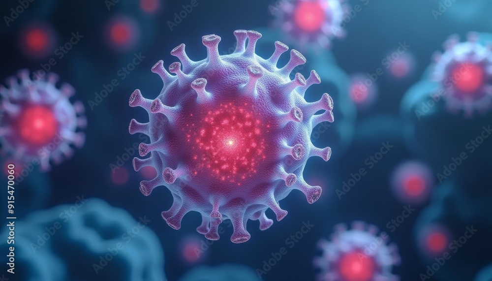 Poster viral particles in a microscopic view illustrating the complexity of their structure