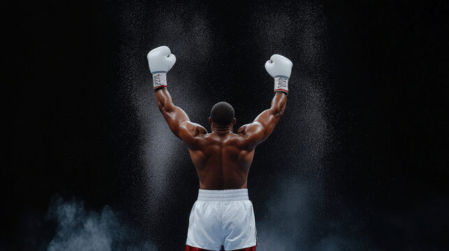 Boxer raising fists in triumph, battered but victorious