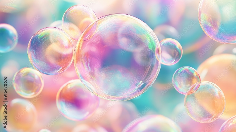 Poster a colorful soap bubble design with overlapping bubbles and a mix of bright and pastel colors, ideal 