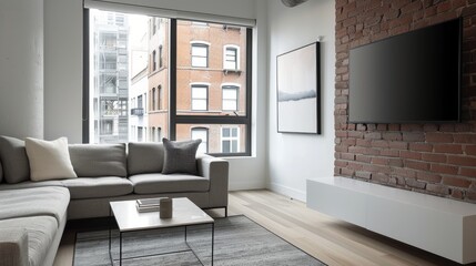 Modern Living Room With Exposed Brick and City View in Urban Apartment