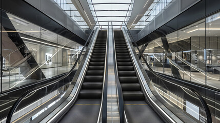 A pair of escalators in a building. The escalators are tall and extend from the bottom of the building to the top. The escalators are made of glass and metal, giving them a modern and sleek appearance