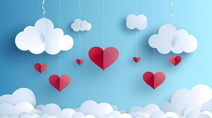 Valentines day background. Happy valentines day greeting. Paper cut clouds with hanging hearts. Vector illustration.