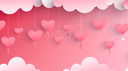 Valentines day background. Happy valentines day greeting. Paper cut clouds with hanging hearts. Vector illustration.