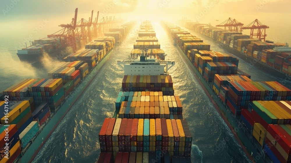 Aufkleber a container ship in a busy shipping lane, with multiple vessels in view, showcasing the complexity o