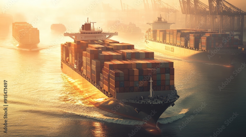 Aufkleber a container ship in a busy shipping lane, with multiple vessels in view, showcasing the complexity o