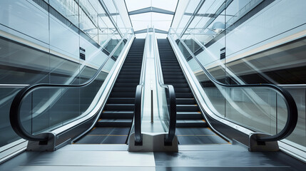 A pair of escalators in a building. The escalators are tall and extend from the bottom of the building to the top. The escalators are made of glass and metal, giving them a modern and sleek appearance