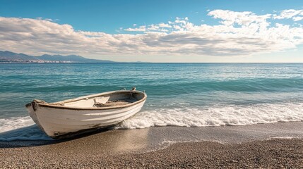 Cabin cruiser on a sunny Estepona Beach, with gentle waves lapping the shore, ideal for a serene escape