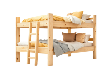 Wooden Bunk Bed with Yellow and Brown Pillows