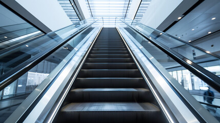 Obraz premium A pair of escalators in a building. The escalators are tall and extend from the bottom of the building to the top. The escalators are made of glass and metal, giving them a modern and sleek appearance