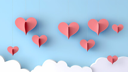Valentines day background. Happy valentines day greeting. Paper cut clouds with hanging hearts. Vector illustration.