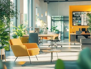 Modern Office Interior Design with Yellow Armchair and Plants - 3D Illustration