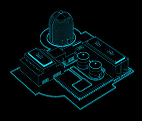 detailed wireframe blueprint illustration of a nuclear power plant, highlighting the architectural and engineering design of the reactor above view. 3d rendering