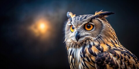 Obraz premium Majestic owl with ruffled feathers gazing intently into the night, owl, majestic, soulful, eyes, feathers, wind, intensity