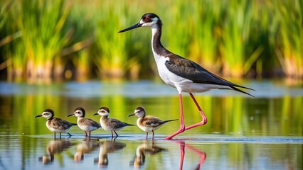 A long-legged black-necked stilt wades through shallow water, vigilantly watching over its chicks as they scurry around, amidst a serene natural wetland landscape.