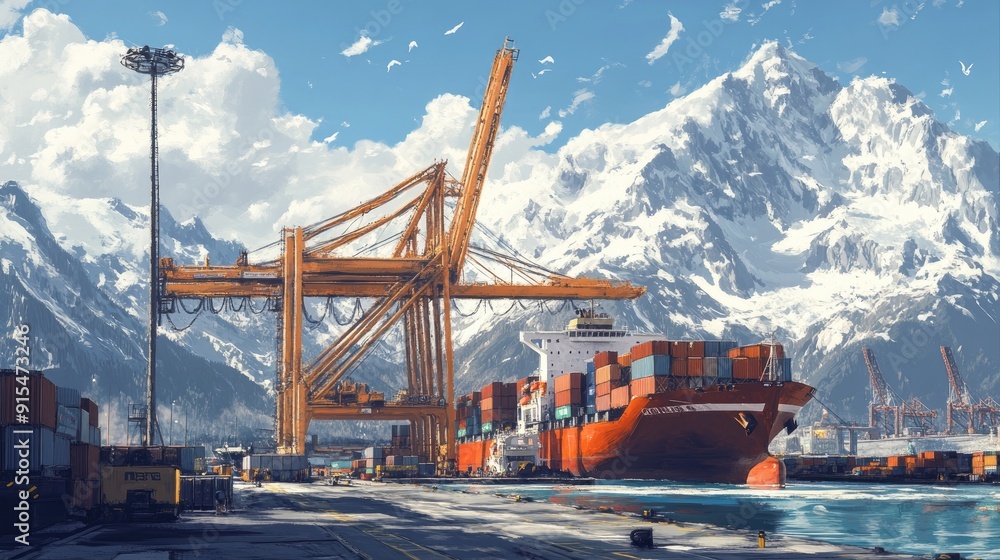 Aufkleber a container ship unloading at a port with mountains in the background, showcasing the intersection o