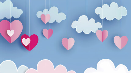 Valentines day background. Happy valentines day greeting. Paper cut clouds with hanging hearts. Vector illustration.