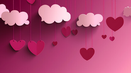 Valentines day background. Happy valentines day greeting. Paper cut clouds with hanging hearts. Vector illustration.
