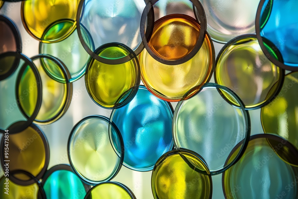 Poster transparent, shiny, round glass patterns reflecting light, creating decorative textures with multico