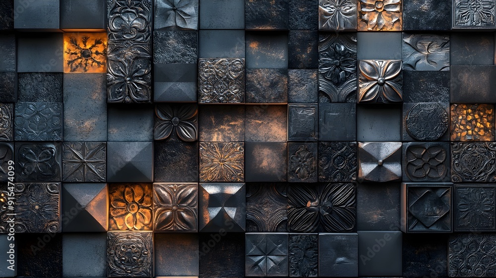Poster stacked 3d tiles with intricate abstract patterns for modern designs