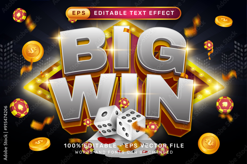Poster big win 3d text effect and editable text effect with a black background and gambling illustrations