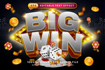 big win 3d text effect and editable text effect with a black background and gambling illustrations