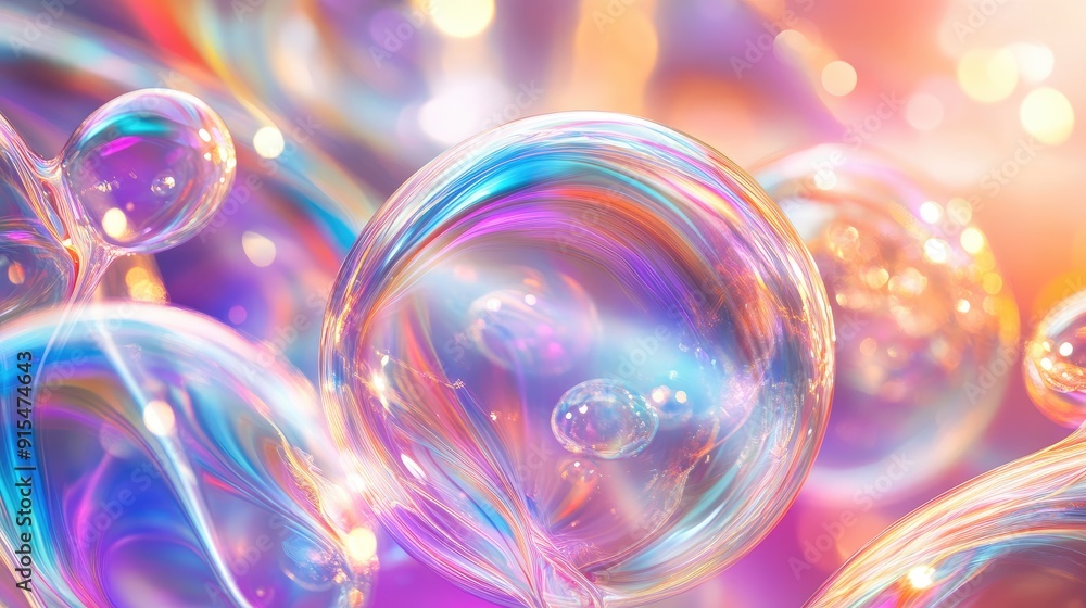 Poster a dazzling soap bubble background with swirling patterns and rainbow reflections, ideal for adding a