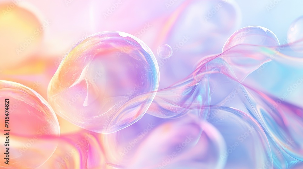 Poster a delicate abstract soap bubble design with soft pastel hues and gentle gradients, offering a serene