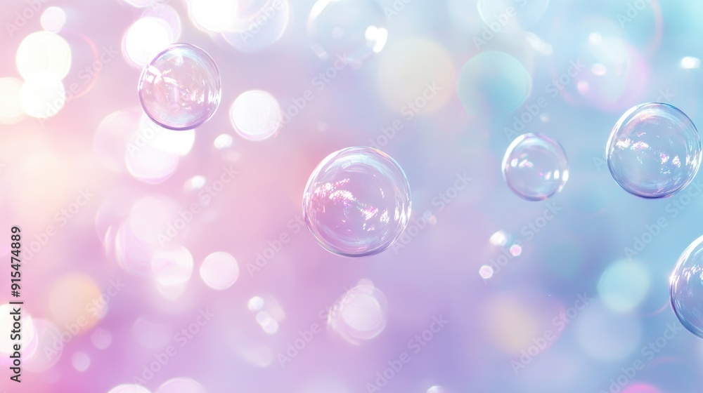 Poster a dreamy abstract background featuring a cascade of soap bubbles with soft lighting and pastel color