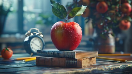 A fresh red apple sits on top of vintage books on a rustic wooden table, symbolizing education.