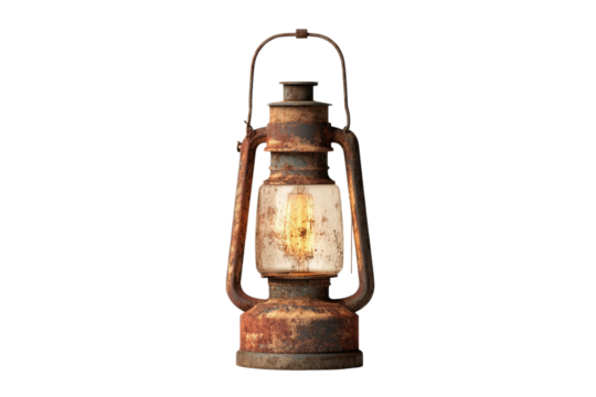 Vintage Rusty Oil Lamp with Glowing Lightbulb