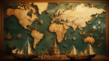 Wooden World Map with Miniature Ships