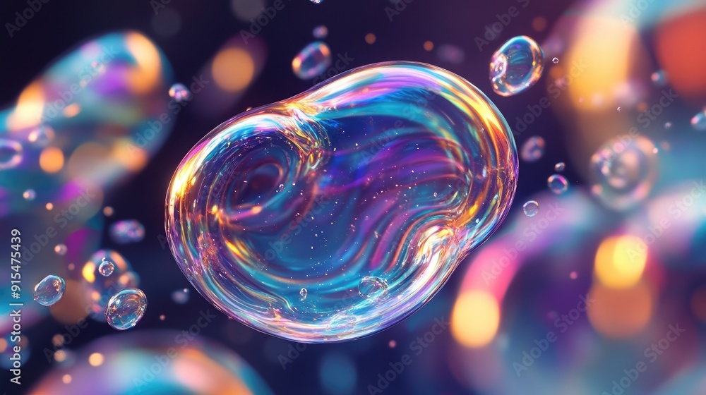 Poster a dynamic background featuring floating soap bubbles with iridescent colors and swirling patterns, a