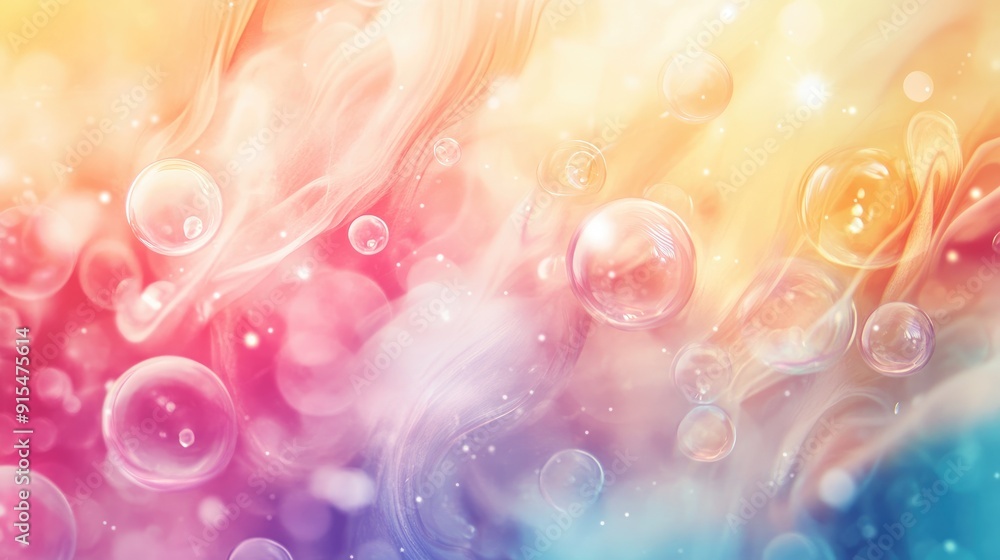 Poster a fluid abstract background with overlapping soap bubbles and gentle color transitions, offering a s