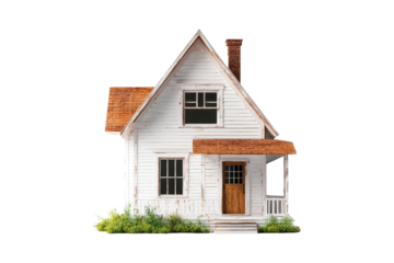 White Cottage with Brown Roof and Front Porch