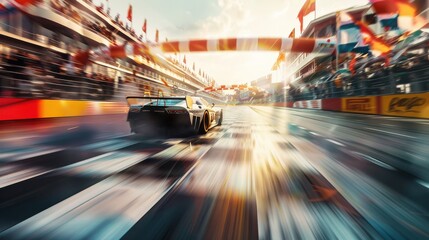 A dynamic shot of a racecar crossing the finish line, fans in the stands cheering wildly, banners and flags waving, intense motion blur