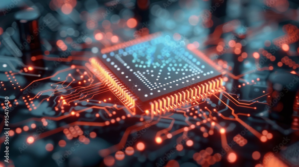 Poster red and blue circuit board technology close-up with digital patterns