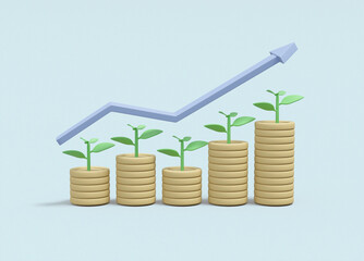 3D rendered illustration features a sprout growing on a stack of coins, with an upward arrow pointing to financial growth.