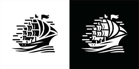 Simple Logo Sailing Ship and Sea Wave vector.silhoutte